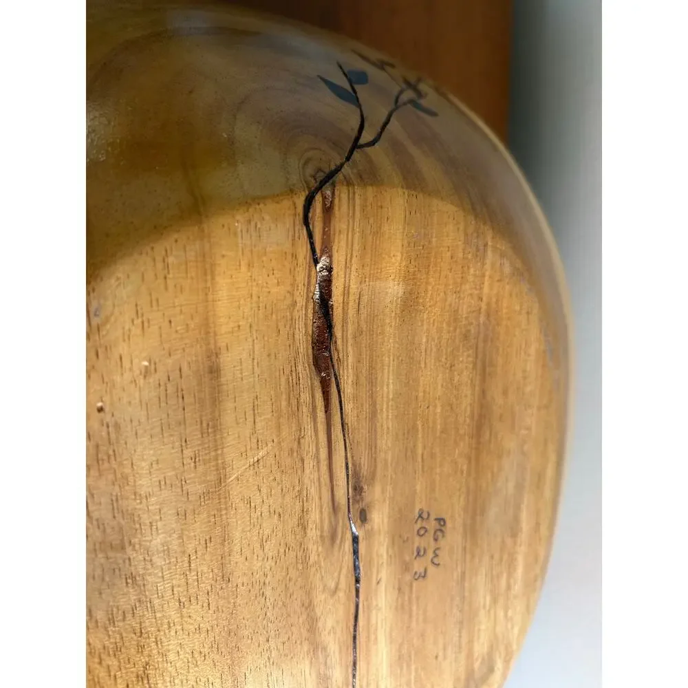 Vintage Olive Wood Look Live Edge Decorative Bowl with Burnt Floral Design